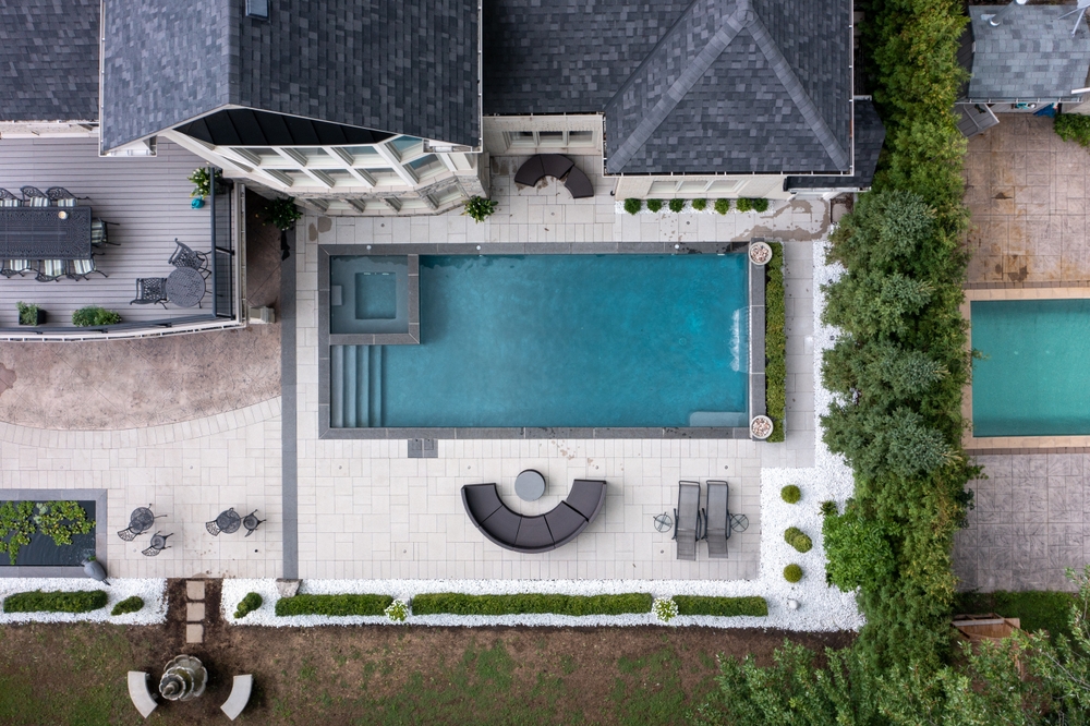 a bird eye view of a pool and landscaping in 3D.